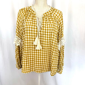 Everleigh Top Women's M Yellow & White Checkered Long Sleeve Cottagecore